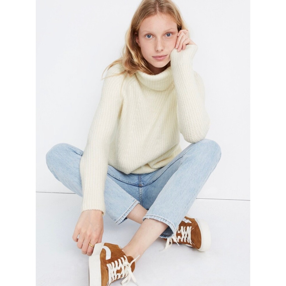 Madewell Mercer Turtleneck Sweater Coziest Yarn Knit Antique Cream Wool Blend L